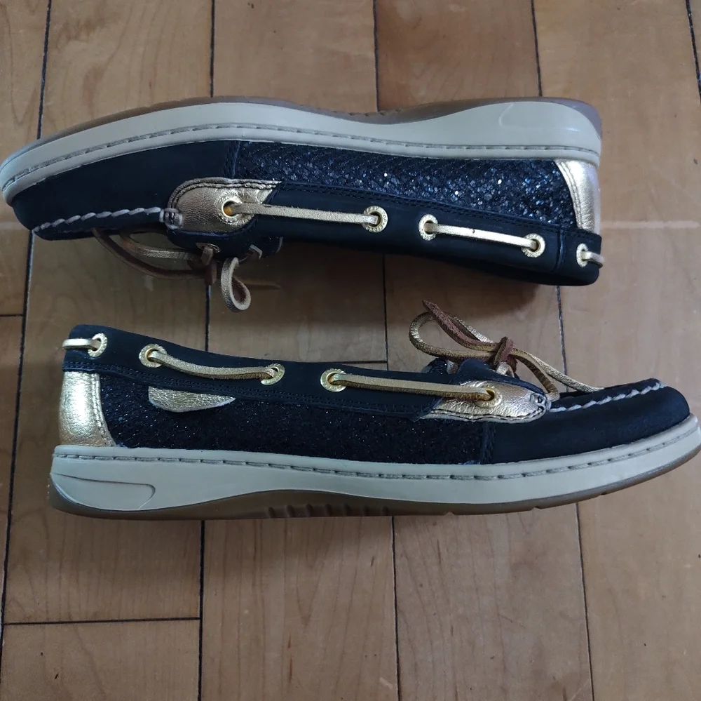 Sperry Topsider Angelfish Women's Black and Gold Glitter Boat Deck Shoes